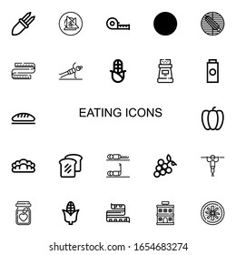 Editable 22 eating icons for web and mobile. Set of eating included icons line Corn, Vegan food, Measuring tape, Fitness, Pepper, Baby powder, Bread, Grapes on white background
