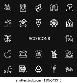 Editable 22 eco icons for web and mobile. Set of eco included icons line Green earth, Gift bag, Blueberry, Acrylic, Nuclear plant, Tree, Coal, Flowers, Recycling on black background