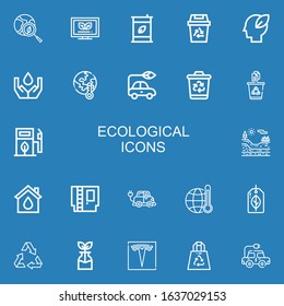 Editable 22 ecological icons for web and mobile. Set of ecological included icons line Green earth, Ecological, Eco fuel, Recycling, Ecology, Global warming on blue background