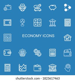 Editable 22 economy icons for web and mobile. Set of economy included icons line Wallet, Heisenberg, Electric car, Piggy bank, Exchange, Money tree, Calculate on blue background