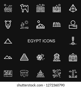 Editable 22 egypt icons for web and mobile. Set of egypt included icons line Desert, Camel, Pula arena, Taj mahal, Pyramid, Dune, Stonehenge, Sphinx, Obelisk on black background