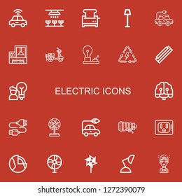 Editable 22 electric icons for web and mobile. Set of electric included icons line Autonomous car, Light, Toaster, Lamp, Electric car, Machine, Scooter, Bulb on red background