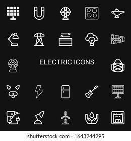 Editable 22 Electric Icons For Web And Mobile. Set Of Electric Included Icons Line Solar Panel, Magnet, Fan, Hob, Lamp, Desk Lamp, Electric Tower, Drum, Idea On Black Background