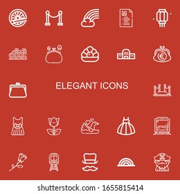 Editable 22 elegant icons for web and mobile. Set of elegant included icons line Train, Red carpet, Rainbow, Curriculum vitae, Lantern, Purse, Pearl, Train station on red background