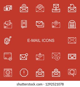 Editable 22 e-mail icons for web and mobile. Set of e-mail included icons line Postal, Mail, Email, Contact list, Mails, Mail box, Post, Spam on red background