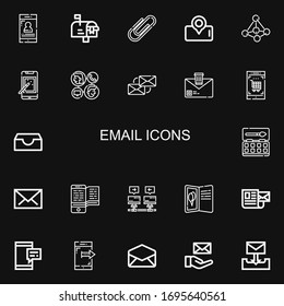 Editable 22 email icons for web and mobile. Set of email included icons line Smartphone, Mailbox, Paper clip, Contact, Communication, Email, Inbox, Watercolor on black background