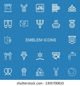 Editable 22 emblem icons for web and mobile. Set of emblem included icons line Parking, Medal, Digital currency, Eye, Fins, Recommendation, Psi, Pie, Protection on blue background