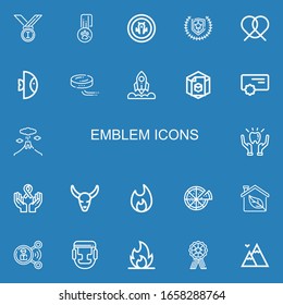Editable 22 emblem icons for web and mobile. Set of emblem included icons line Medals, Medal, Shield, Emblem, Pretzel, Fish, Puck, Rocket, d, Reward, Volcano on blue background