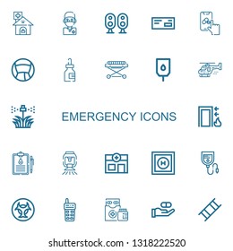 Editable 22 emergency icons for web and mobile. Set of emergency included icons line Clinic, Surgeon, Loudspeaker, Medicine, Pharmacy, Stretcher, Blood transfusion on white background