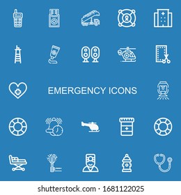 Editable 22 emergency icons for web and mobile. Set of emergency included icons line Walkie talkie, Medicine, Stair truck, Lifesaver, Hospital, Lifeguard, Loudspeaker on blue background