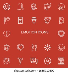 Editable 22 emotion icons for web and mobile. Set of emotion included icons line Shy, Condom, Kitty, Crying, Cynicism, Love, Emotions, Anxiety, Broken heart on red background