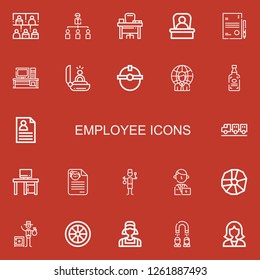 Editable 22 employee icons for web and mobile. Set of employee included icons line Audience, Group, Desk, Boss, Resume, Engagement, Worker, Businessman, Spirits on red background