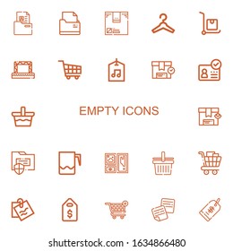 Editable 22 empty icons for web and mobile. Set of empty included icons line Folder, Box, Hanger, Delivery cart, Stage, Shopping cart, Label, ID, Basket, Jar on white background
