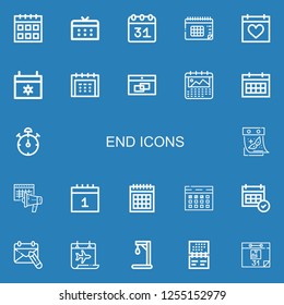 Editable 22 end icons for web and mobile. Set of end included icons line Calendar, Stop watch, Gallow on blue background