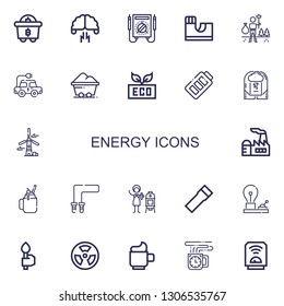 Editable 22 energy icons for web and mobile. Set of energy included icons line Mining, Brainstorming, Multimeter, Skate park, Environment, Electric car, Coal on white background