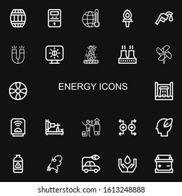 Editable 22 energy icons for web and mobile. Set of energy included icons line Barrel, Voltmeter, Global warming, Torch, Gas station, Magnet, Brightness, Bonfire on black background