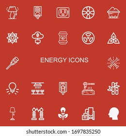 Editable 22 energy icons for web and mobile. Set of energy included icons line Lamp, Water heater, Socket, Propeller, Coal, Chakra, Mining, Waste, Radioactive on red background