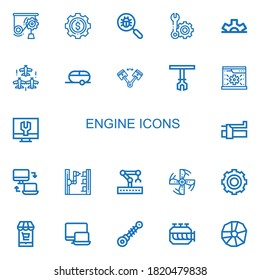 Editable 22 engine icons for web and mobile. Set of engine included icons line Mechanics, Development, Virus search, Setting, Cogwheel, Aircraft, Trailer, Piston on white background