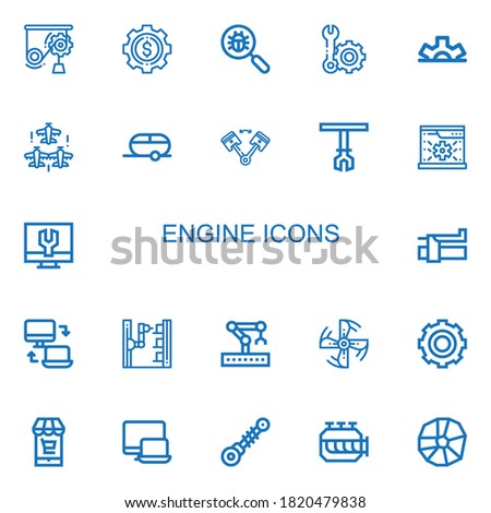 Editable 22 engine icons for web and mobile. Set of engine included icons line Mechanics, Development, Virus search, Setting, Cogwheel, Aircraft, Trailer, Piston on white background