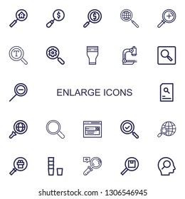 Editable 22 enlarge icons for web and mobile. Set of enlarge included icons line Search, Magnifying glass, Magnifier, Zoom, Font, Glass, Microscope, Zoom out on white background