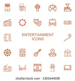 Editable 22 entertainment icons for web and mobile. Set of entertainment included icons line Game, Magician, Radio, Gamepad, Phonograph, Tambourine, Theatre mask on white background