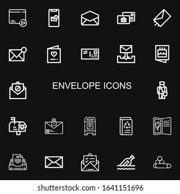 Editable 22 envelope icons for web and mobile. Set of envelope included icons line Email, Message, Postal, Send, Invitation, Envelope, Postman, Mailbox, Book recycled on black background