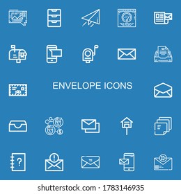 Bearbeitbar 22 Umschlagsymbole für Web und Mobile. Briefumschlag mit den Symbolen der Linie Mms, Inbox, Senden, Post, Mail, Postfach, Postfach, SMS, E-Mail, Kontakt, Mails, Post auf blauem Hintergrund