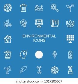 Editable 22 environmental icons for web and mobile. Set of environmental included icons line Energy, Bin, Earthquake, Disaster, Leaf, Environment, Global warming on blue background