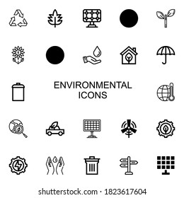 Editable 22 environmental icons for web and mobile. Set of environmental included icons line Recycle, Leaf, Solar panel, Ecology, Green power, Nuclear energy on white background