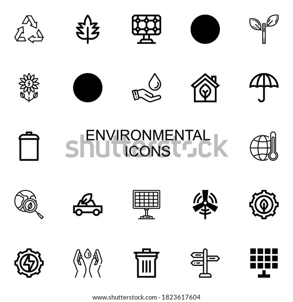 Editable 22\
environmental icons for web and mobile. Set of environmental\
included icons line Recycle, Leaf, Solar panel, Ecology, Green\
power, Nuclear energy on white\
background