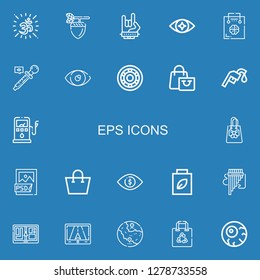 Editable 22 eps icons for web and mobile. Set of eps included icons line Om, Acorn, Maloik, Eye, Shopping bag, Eyedropper, Wheel, Gas station, Psd file, Panpipe on blue background