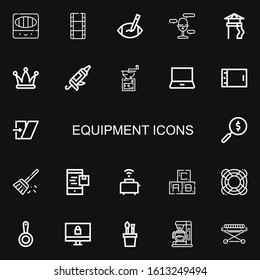 Editable 22 equipment icons for web and mobile. Set of equipment included icons line Colored pencils, Film, Rugby ball, Microphone, Slide, Hat, Caulk gun, Coffee grinder on black background