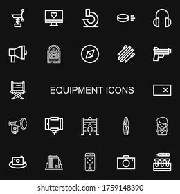 Bearbeitbare 22 Gerätesymbole für Web und Mobile. Set mit den Symbolen: Frühling, Monitor, Mikroskop, Puck, Kopfhörer, Megaphone, Jukebox, Abenteuer auf schwarzem Hintergrund
