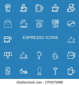 Editable 22 espresso icons for web and mobile. Set of espresso included icons line Tea, Tea cup, Coffee, Coffee cup, Cup, Coffee bean, Cups, Cappuccino, maker on blue background
