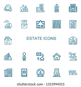 Editable 22 estate icons for web and mobile. Set of estate included icons line Dealer, House, Real estate, Building, Storage box, Garage, Blueprint, Home, Rotterdam on white background