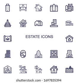 Editable 22 estate icons for web and mobile. Set of estate included icons line Building, Window, House, Mansion, Plan, Houses, House plan, Real estate, Shopping center on white background