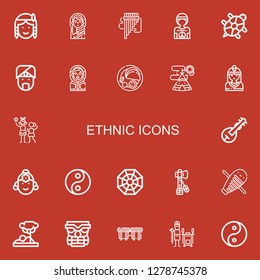 Editable 22 ethnic icons for web and mobile. Set of ethnic included icons line Native american, Eskimo, Panpipe, Hippie, Tortoise, Indian, Indian tent, Idol on red background