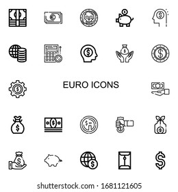Editable 22 euro icons for web and mobile. Set of euro included icons line Money, Cash, Coin, Piggy bank, Budget, Dollar, Money bag on white background