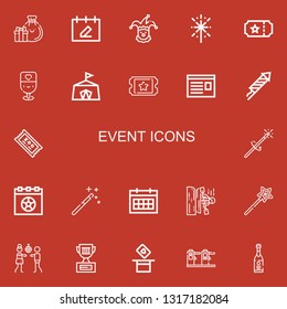 Editable 22 event icons for web and mobile. Set of event included icons line Gifts, Calendar, Clown, Fireworks, Ticket, Champagne, Circus, Newspaper, Magic wand on red background
