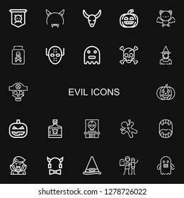 Editable 22 evil icons for web and mobile. Set of evil included icons line Jolly roger, Devil mask, Bull skull, Pumpkin, Bat, Poison, Serial killer, Ghost on black background