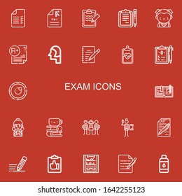 Editable 22 exam icons for web and mobile. Set of exam included icons line Test, Exam, Clipboard, Clipboards, Student, Writing, Lens, Write, Homework, Students on red background