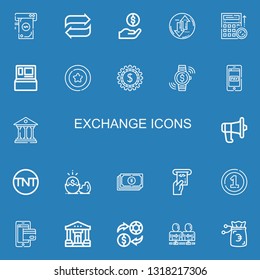 Editable 22 exchange icons for web and mobile. Set of exchange included icons line Money, Transfer, Dollar, Budget, Cash machine, Coin, Investment, Payment method on blue background