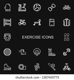 Editable 22 exercise icons for web and mobile. Set of exercise included icons line Glove, Stationary bike, Ball, Dumbbell, Bicycle, Bike, Bench press, Pool on black background