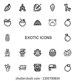 Editable 22 exotic icons for web and mobile. Set of exotic included icons line Seashell, Thailand, Monstera leaf, Giraffe, Coconut, Lotus temple, Hamster, Orange on white background