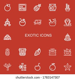 Editable 22 exotic icons for web and mobile. Set of exotic included icons line Orange, Aquarium, Pineapple, Bamboo, Thailand, Coconut, Tuk tuk, Snake, Lotus temple on red background