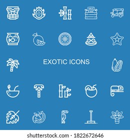 Editable 22 exotic icons for web and mobile. Set of exotic included icons line Tiki, Dragon fruit, Bamboo, Fruit, Tuk tuk, Aquarium, Orange, Toad, Starfish on blue background