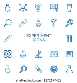 Editable 22 experiment icons for web and mobile. Set of experiment included icons line Flask, Molecule, Scientist, Pipette, Glass, Magnifying glass, Research on white background