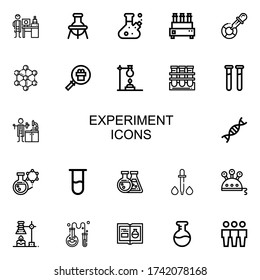 Editable 22 experiment icons for web and mobile. Set of experiment included icons line Nanotechnology, Flask, Test tube, Eyedropper, Molecule, Magnifying glass on white background