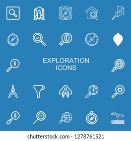Editable 22 exploration icons for web and mobile. Set of exploration included icons line Search, Rocket ship, Compass, Funnel, Spaceship, Zoom, Magnifying glass on blue background