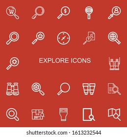 Editable 22 explore icons for web and mobile. Set of explore included icons line Search, Cardinal points, Searching, Binoculars, Magnifying glass, Glass on red background
